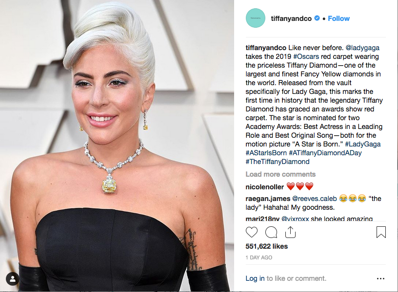 Lady Gaga in Tiffany & Co. Tiffany Diamond necklace and yellow diamond earrings