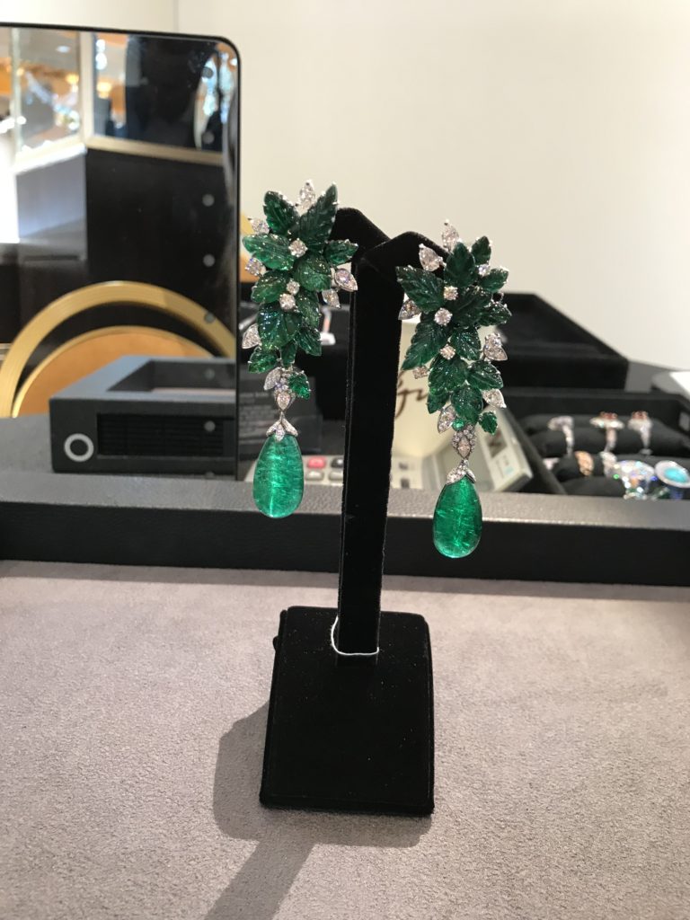 Karen Suen emerald earrings on display at COUTURE