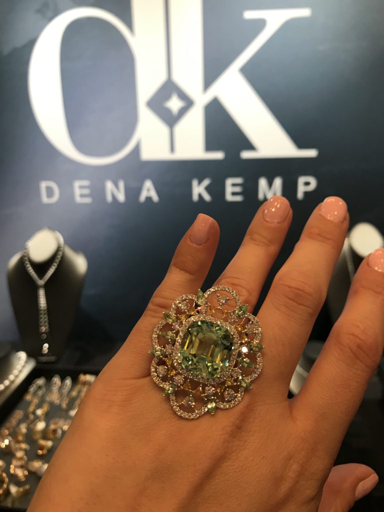 Close-up of a large mint tourmaline and diamond Dena Kemp ring