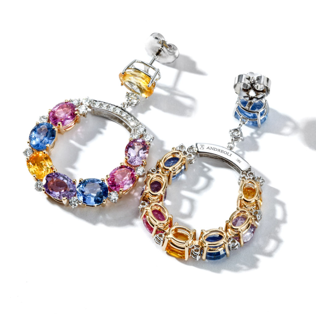 Multi-hued sapphire and diamond horseshoe earrings by Andreoli