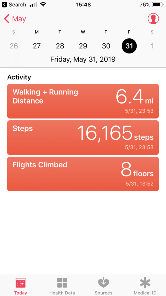 Activity log showing 6.4 miles and 16,165 steps